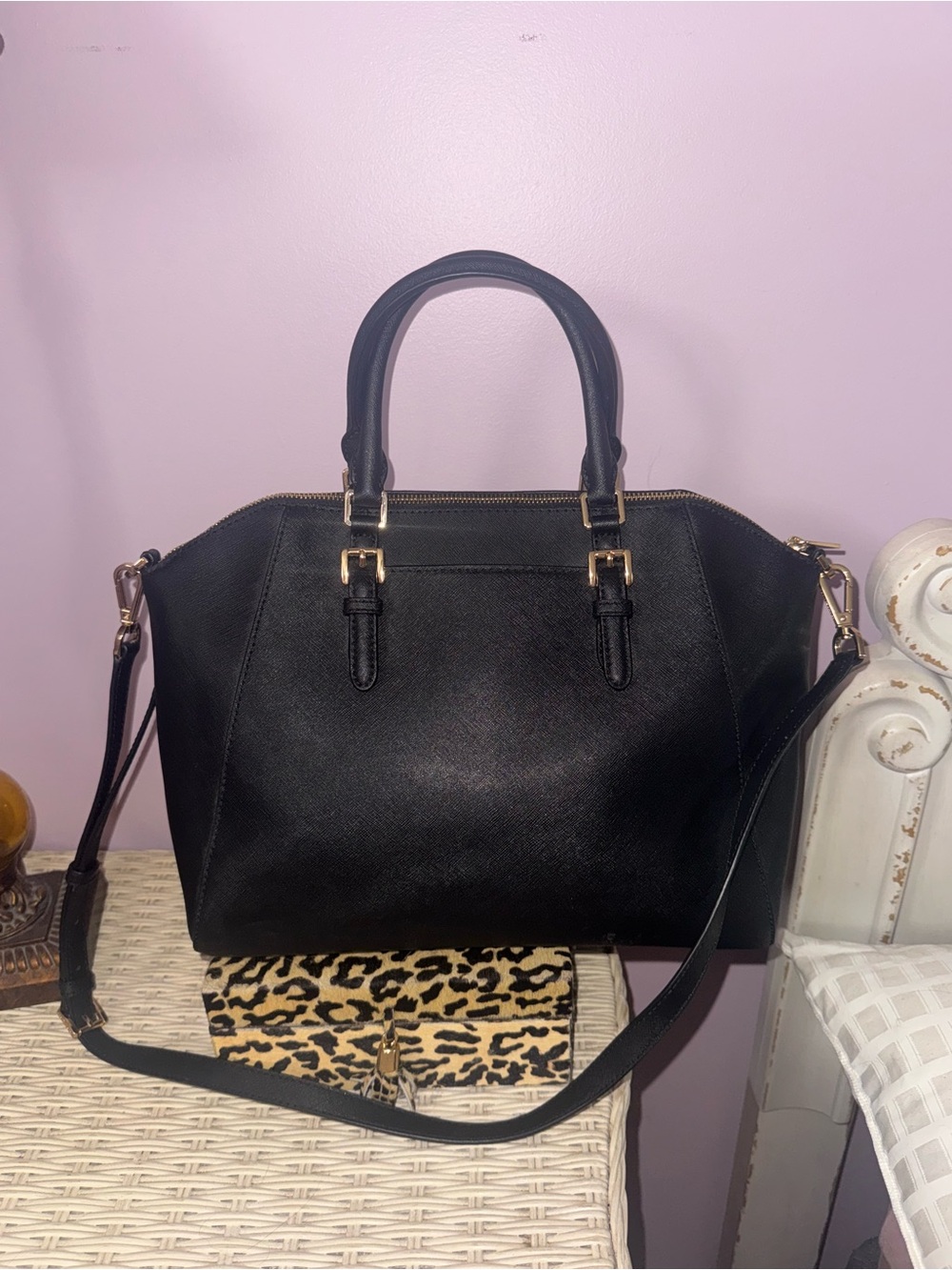 Michael Kors Black Satchel with Gold Hardware and MK Charm - Picture 2 of 3